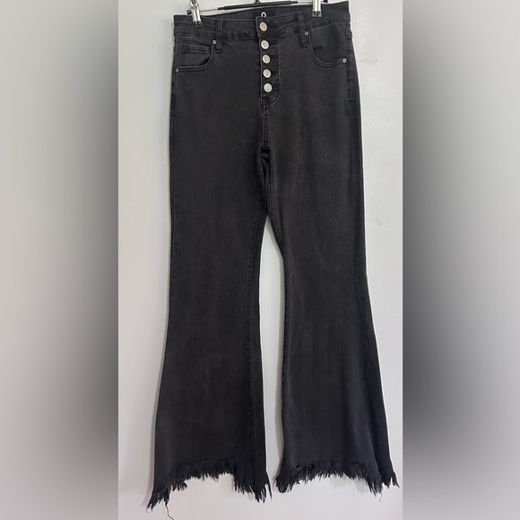 Insane Gene Denim - Insane Gene LA Women High Rise Flare Jeans sz 9/28 Black Raw Hem Boho Festival